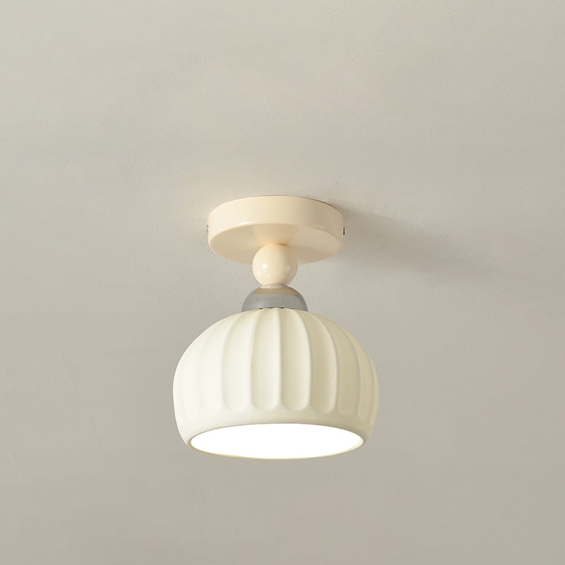 Contemporary Scandinavian Cream Ceramic Geometric Round Shade 1-Light Semi-Flush Mount Ceiling Light For Living Room