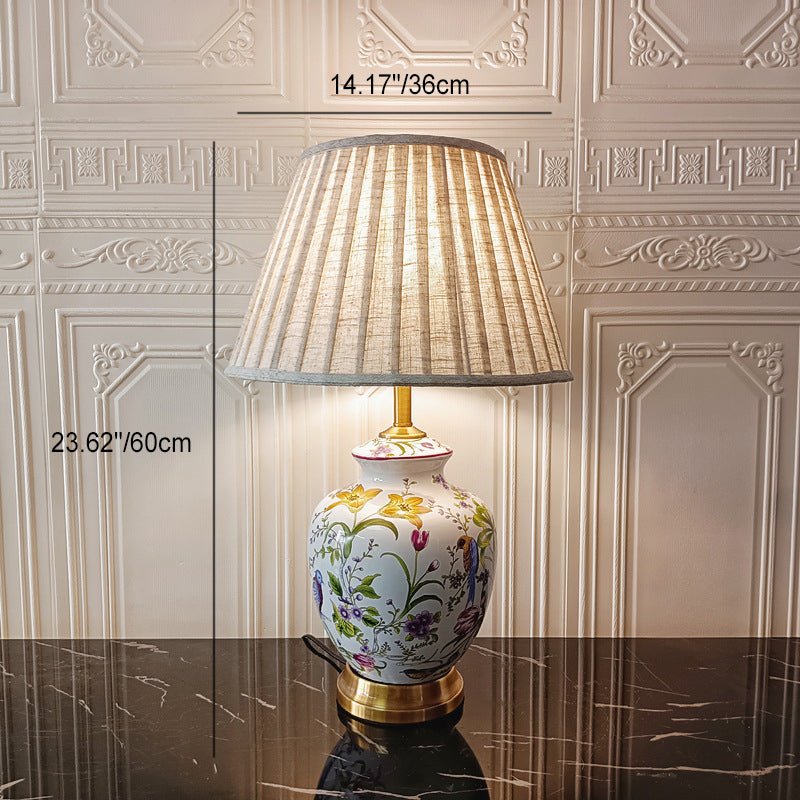 Traditional Chinese Cylinder Bird And Flower Ceramic Fabric 1-Light Table Lamp For Bedroom