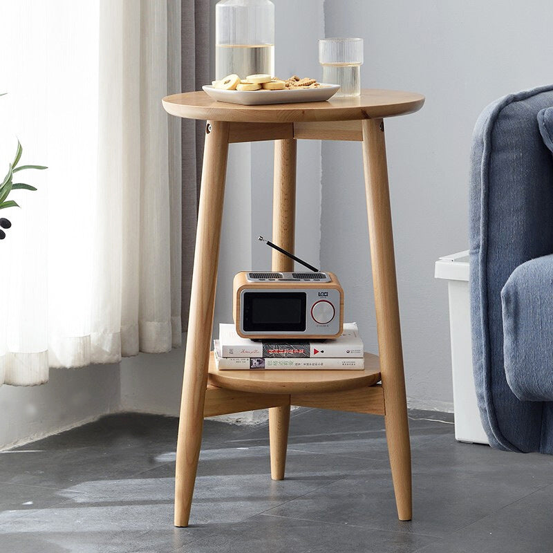 Contemporary Scandinavian Round Tabletop Solid Wood Side Table 1-Shelf For Living Room