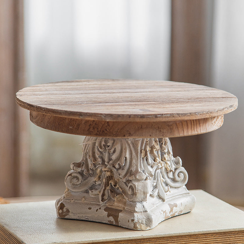 Traditional Vintage Round Column Carved Cedar Magnesium Oxide Tray Side Table For Dining Room