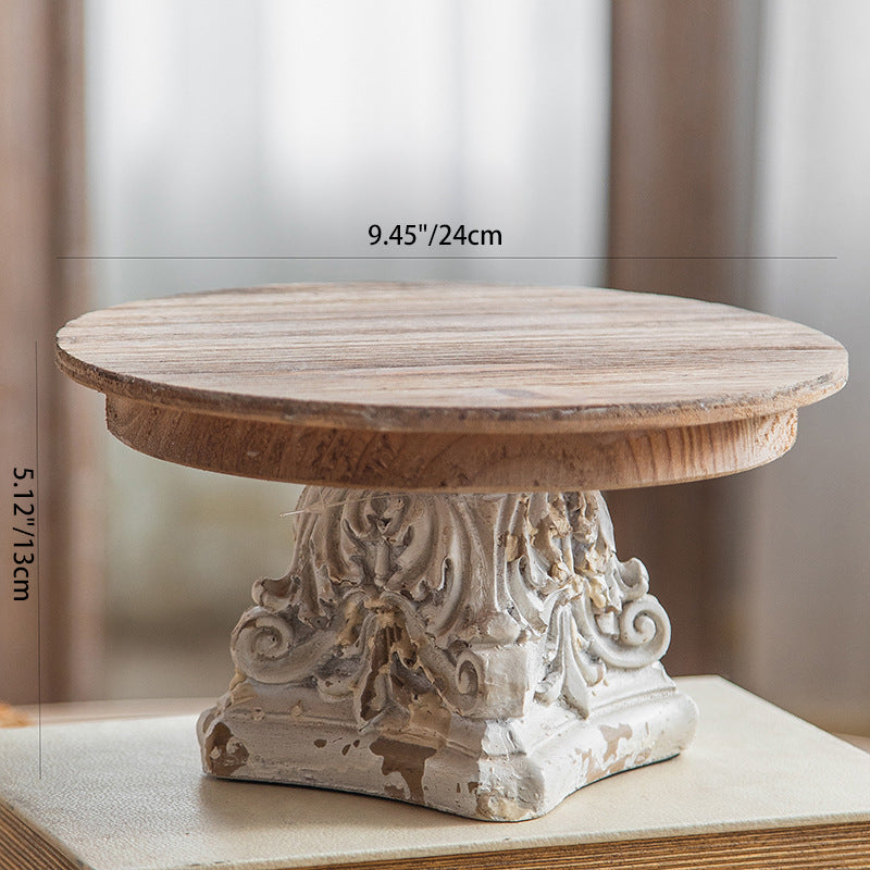 Traditional Vintage Round Column Carved Cedar Magnesium Oxide Tray Side Table For Dining Room