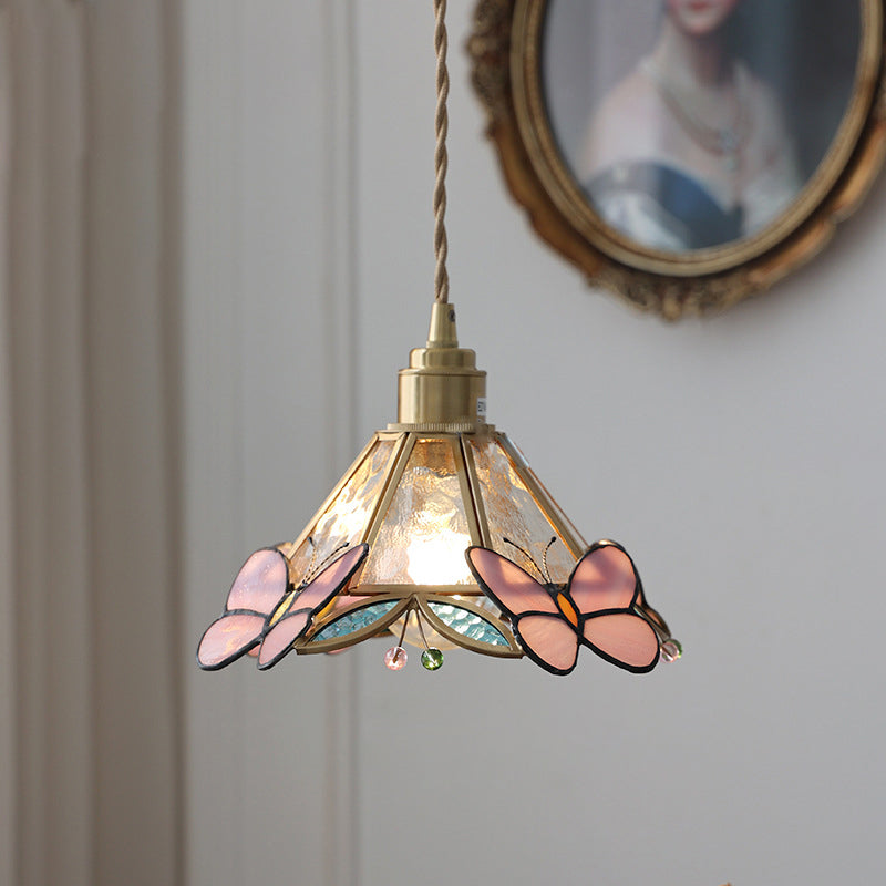 Traditional Vintage Colorful Butterfly Decorative Tapered Glass Shade Brass 1-Light Pendant Light For Bedroom