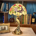 Traditional Tiffany Pastoral Butterfly Stained Glass Shade Peacock Hardware Base 1-Light Table Lamp For Home Office