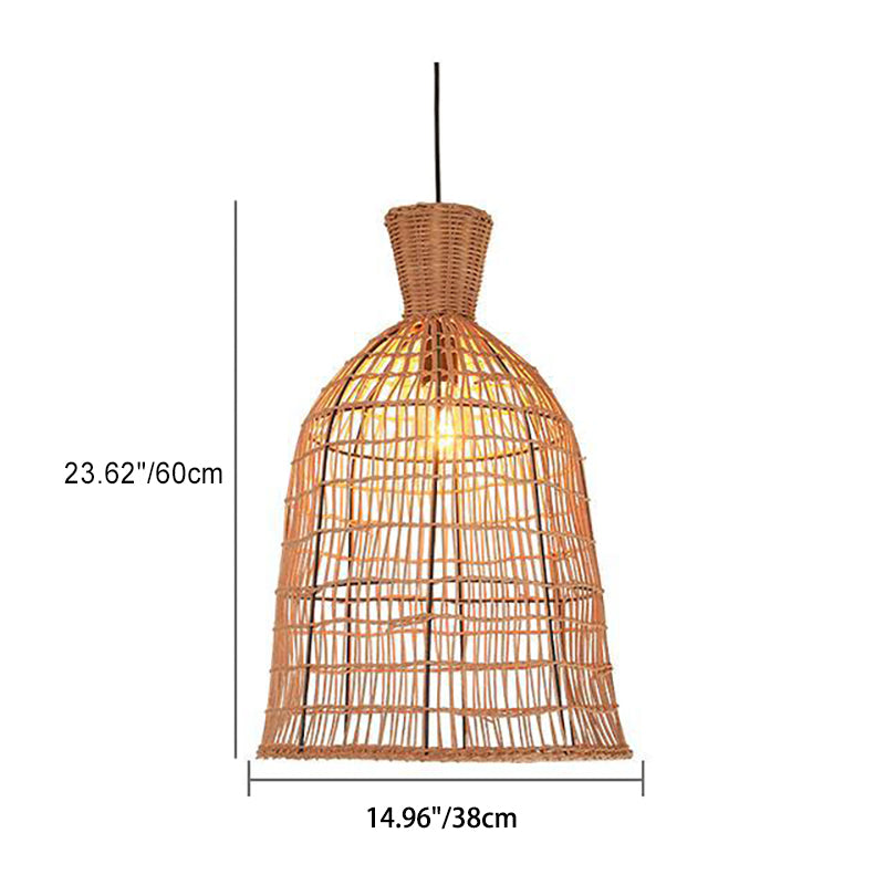 Traditional Japanese Round Bell Rattan Mesh Shade 1-Light Pendant Light For Living Room