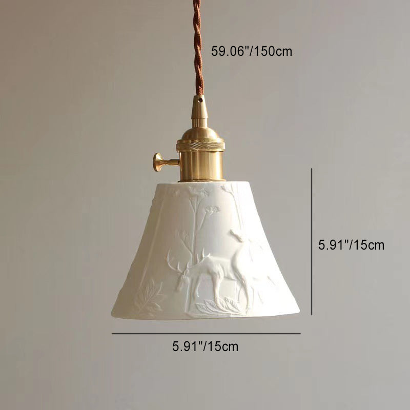 Traditional Farmhouse Ceramic Landscape Deer Bell 1-Light Pendant Light For Bedroom