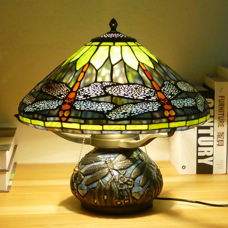 Traditional Tiffany Iron Glass Conic Dragonfly Water Lily 2/3 Light Table Lamp For Study