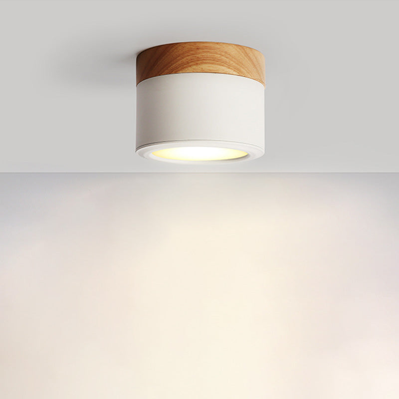 Contemporary Scandinavian Wood Iron Acrylic Cylinder LED Flush Mount Ceiling Light For Hallway