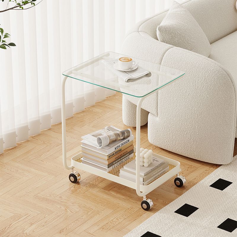 Contemporary Scandinavian C-Shaped Tempered Glass Top End Table 2-Tier Casters For Living Room