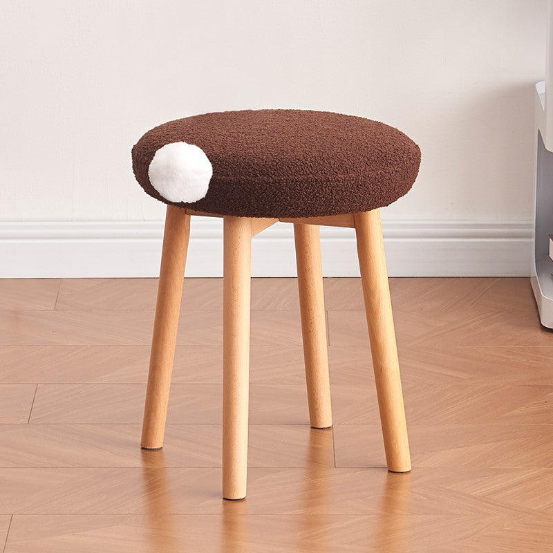 Modern Minimalist Round Lambswool Wood Vanity Stool For Bedroom