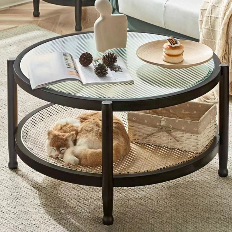 Modern Minimalist Round Horizontal Strip Glass Rattan Wooden Coffee Table 2-Tier For Living Room