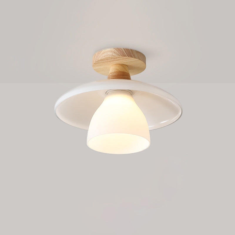 Modern Minimalist Round Cup Glass Wood 1-Light Semi-Flush Mount Ceiling Light For Living Room