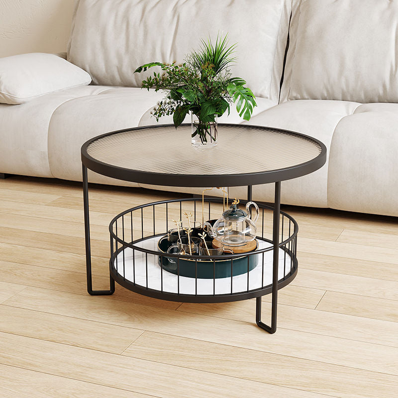 Modern Minimalist Round Tabletop Iron Tempered Glass Coffee Table 1-Shelf For Living Room