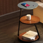 Contemporary Nordic Round Walnut Marble Iron Nightstand Mobile Phone Wireless Charging 2-Tier For Bedside