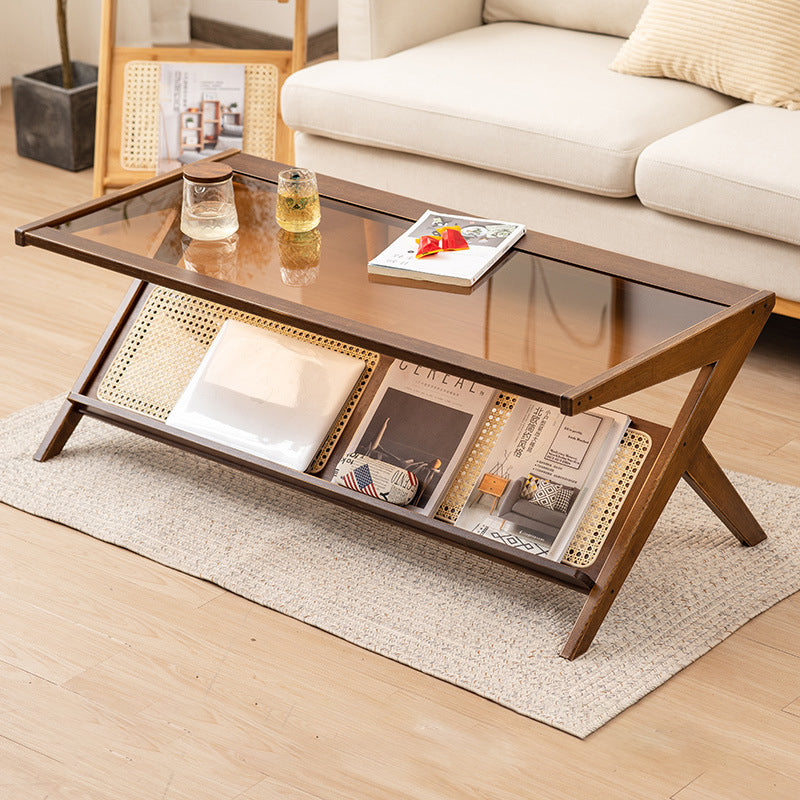 Traditional Japanese Rectangle Z-Shape Wood Glass Rattan Coffee Table For Living Room