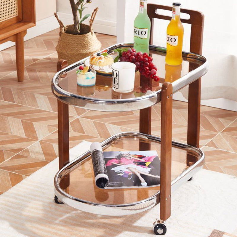 Traditional Japanese Removable Oval Wooden Stainless Steel Glass End Table 2-Tier For Living Room