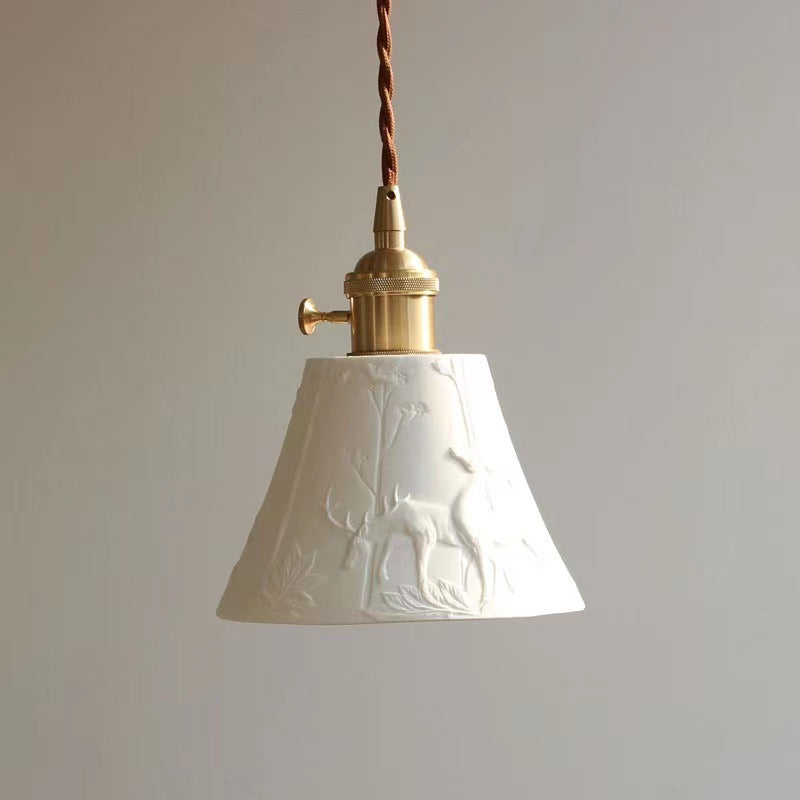 Traditional Farmhouse Ceramic Landscape Deer Bell 1-Light Pendant Light For Bedroom