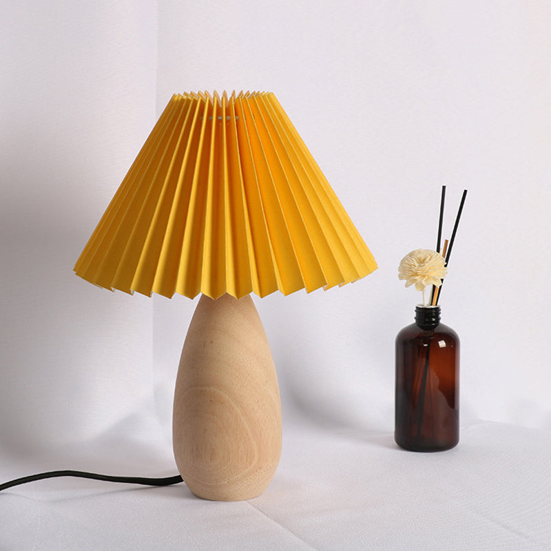 Contemporary Retro Pleated Fabric Solid Wood Base 1-Light Table Lamp For Bedroom