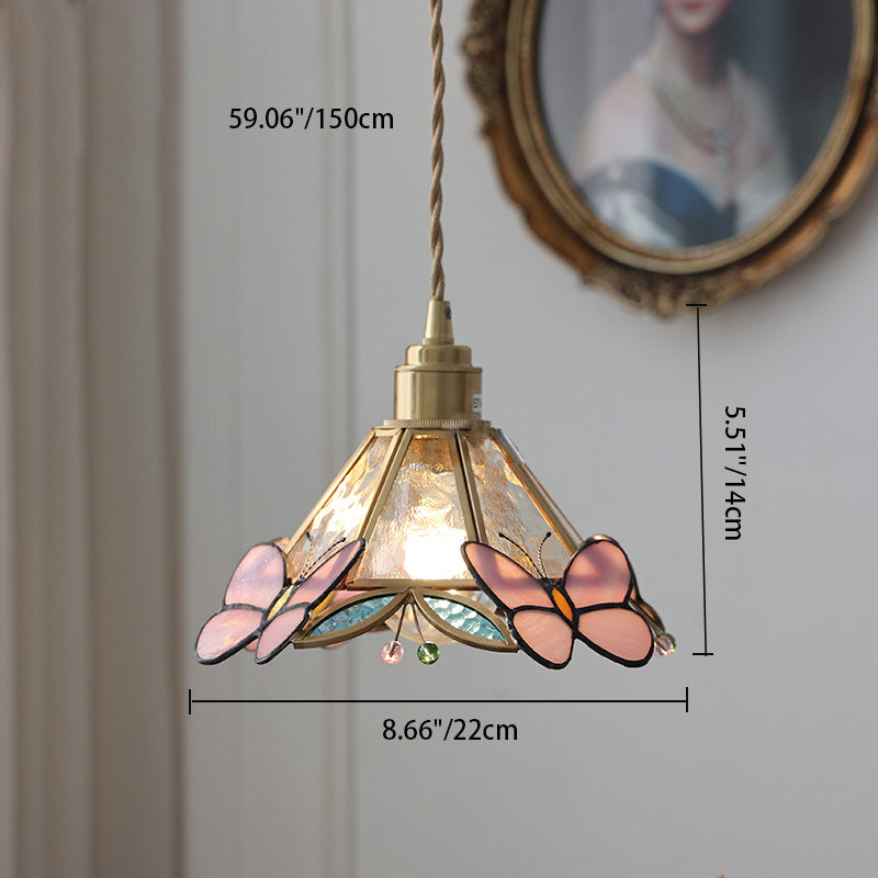 Traditional Vintage Colorful Butterfly Decorative Tapered Glass Shade Brass 1-Light Pendant Light For Bedroom