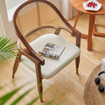 Traditional Vintage Square Upholstered Solid Wood Rattan Linen Dining Chair Backrest Armrest For Dining Room