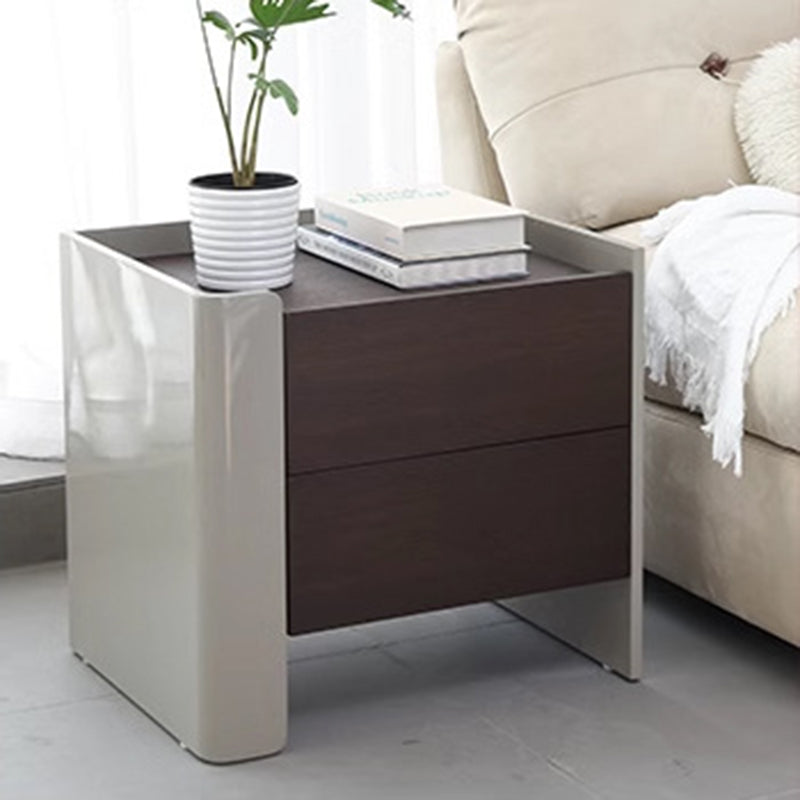 Contemporary Simplicity Square MDF Wood Grain Side Table 2-Drawer For Living Room