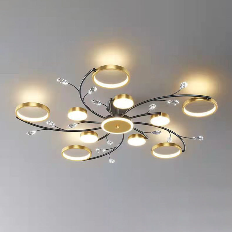 Modern Luxury Branch Round Hardware Iron Acrylic Crystal Silicone LED Semi-Flush Mount Ceiling Light For Living Room