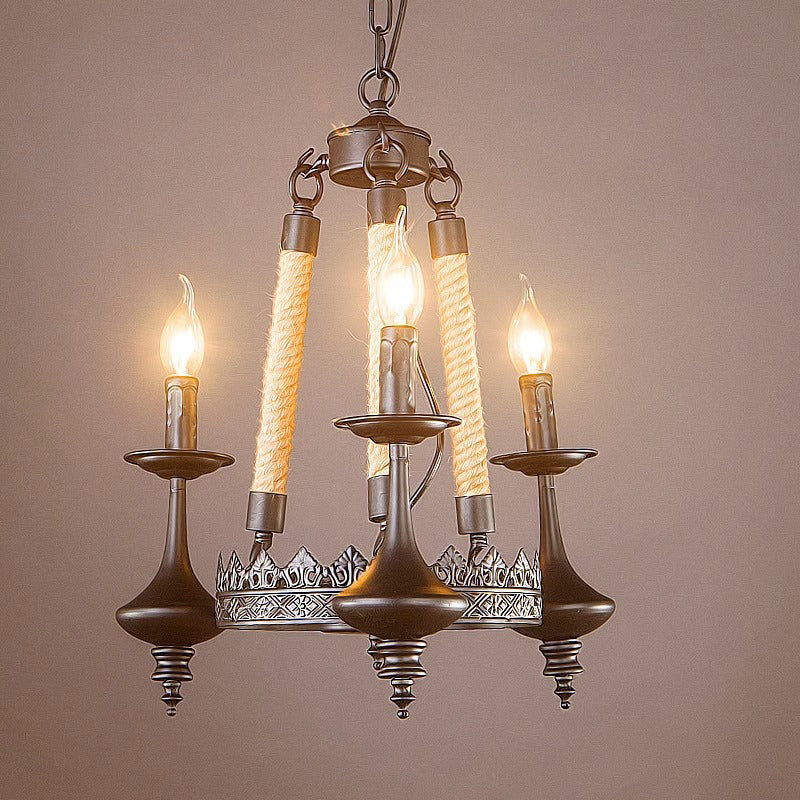 Traditional Vintage Round Candelabra Iron Hemp Rope 3/6/8 Light Chandelier For Living Room