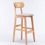 Modern Minimalist PU Leather Rattan Upholstered Rubberwood Counter Stool Open Back Footrest For Kitchen