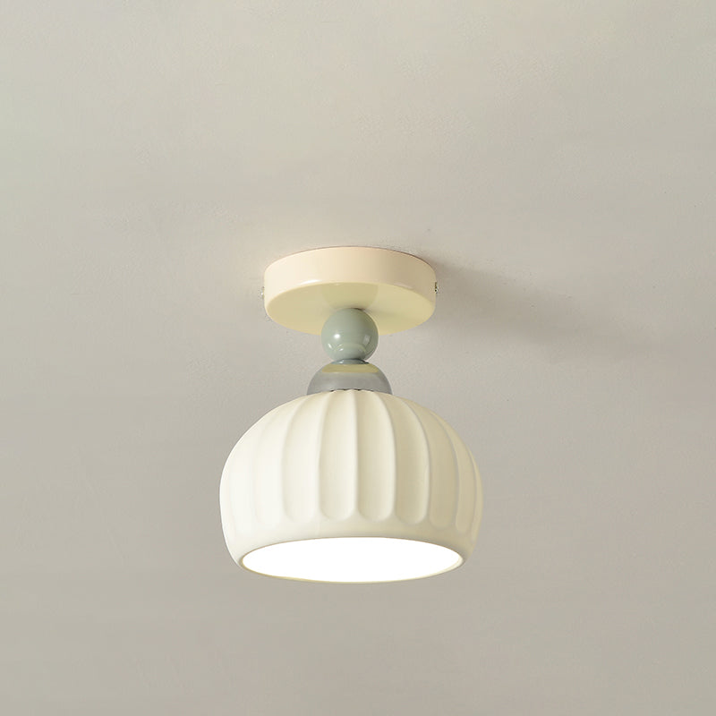 Contemporary Scandinavian Cream Ceramic Geometric Round Shade 1-Light Semi-Flush Mount Ceiling Light For Living Room