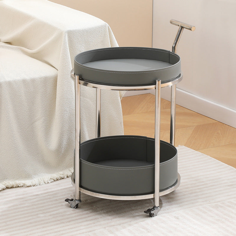 Contemporary Creative Round Stainless Steel Leather End Table 2-Tier For Living Room