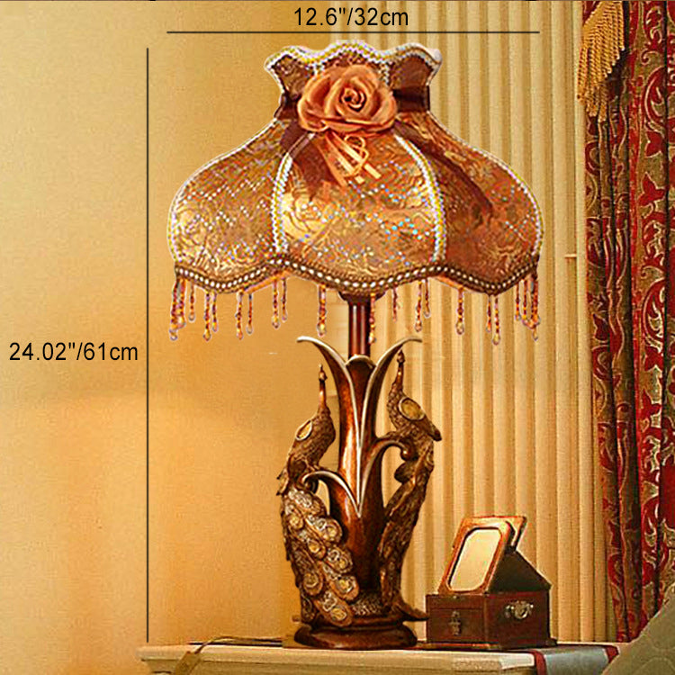 Traditional Vintage Peacock Flower Pattern Resin Fabric 1-Light Table Lamp For Bedroom