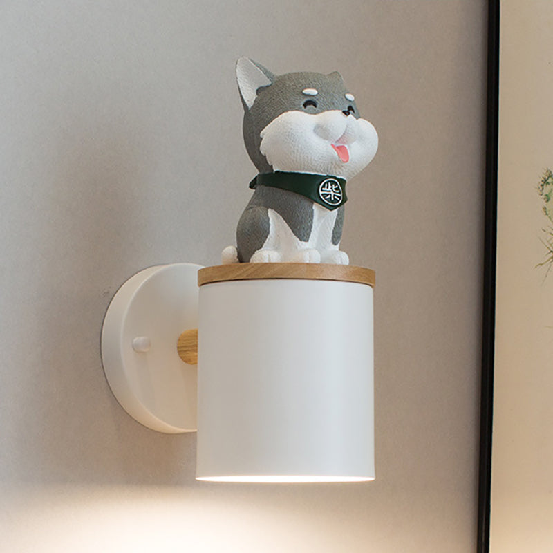 Contemporary Creative Resin Puppy Iron Cylinder Shade 1-Light Wall Sconce Lamp For Bedroom