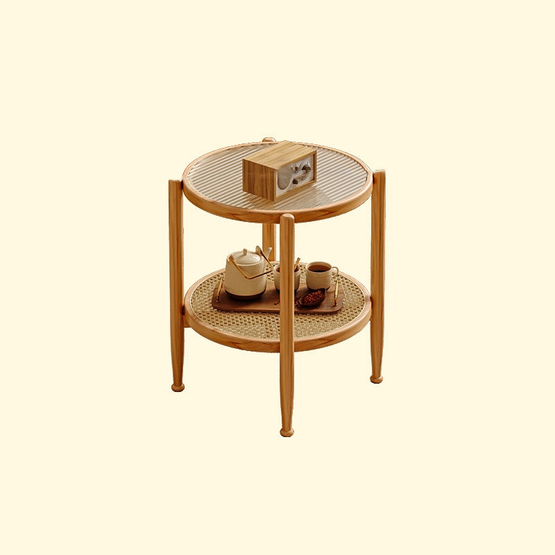 Traditional Japanese Round Glass Rattan Solid Wood End Table 2-Tier For Living Room