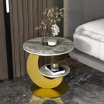 Modern Luxury Round Crescent Moon Frame Slab Carbon Steel End Table 2-Tray For Living Room