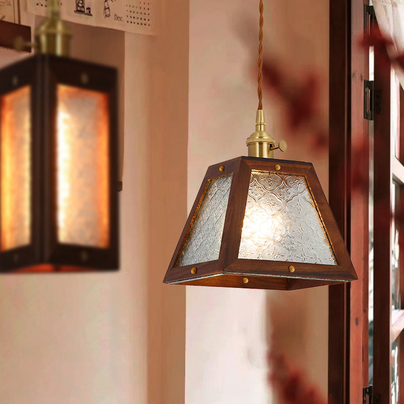 Traditional Chinese Trapezoidal Wood Floral Glass Shade 1-Light Pendant Light For Bedroom