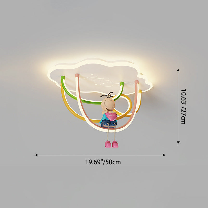 Contemporary Creative Cartoon Astronaut Cloud Iron Aluminum Rainbow Curve LED Kids Flush Mount Ceiling Light For Bedroom