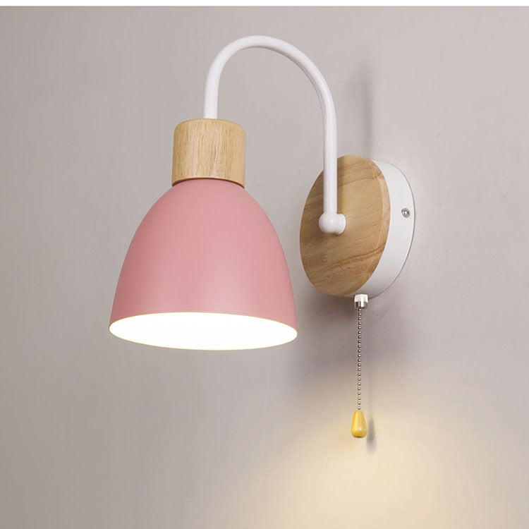 Modern Minimalist Macaron Curved Pole Round Cup Iron Wood 1-Light Wall Sconce Lamp For Bedroom