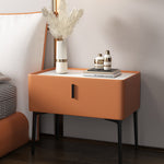 Contemporary Scandinavian Rectangular Slab Wood Leather Carbon Alloy Nightstand 1-Drawer Mobile Phone Wireless Charging For Bedside