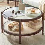 Modern Minimalist Round Horizontal Strip Glass Rattan Wooden Coffee Table 2-Tier For Living Room