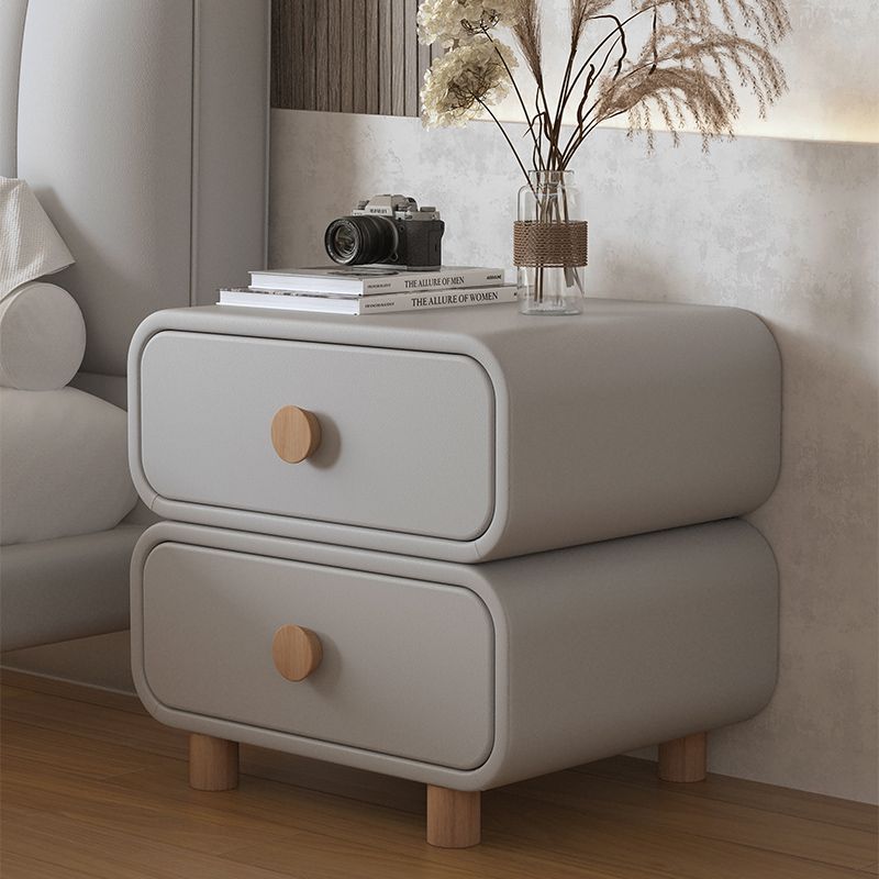 Contemporary Scandinavian Square Tabletop Solid Wood Microfiber Leather Stainless Steel Nightstand 2-Drawer For Bedroom