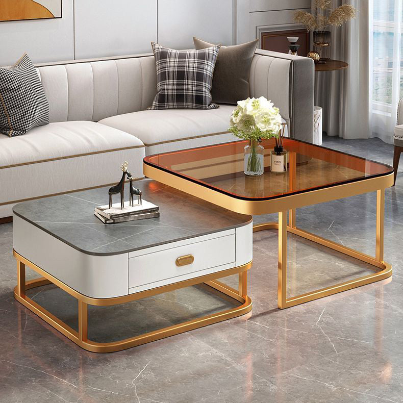 Modern Luxury Square Glass Top Nesting Coffee Table Drawer For Living Room