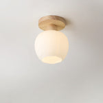 Modern Minimalist Lantern Glass Wood 1-Light Semi-Flush Mount Ceiling Light For Living Room