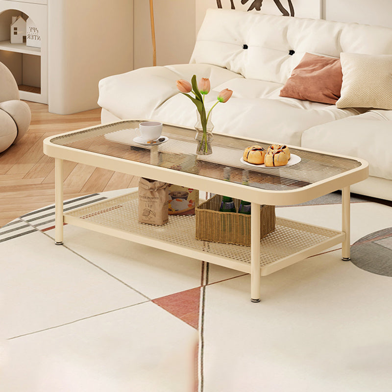 Modern Minimalist Rectangular Glass Carbon Steel Coffee Table 2-Tier For Living Room