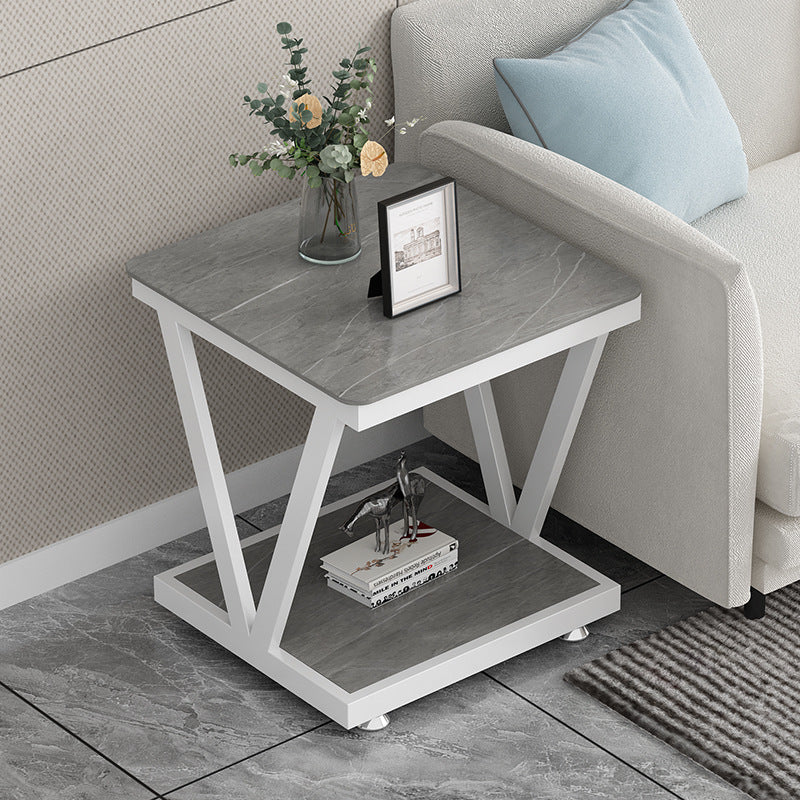 Modern Minimalist Square Rock Slab Stainless Steel Removable Side Table 2-Tier For Living Room