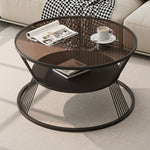 Modern Minimalist Round Hourglass Shape Glass Iron Coffee Table 2-Tier For Living Room