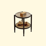 Traditional Japanese Round Glass Rattan Solid Wood End Table 2-Tier For Living Room