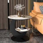 Modern Luxury Round Crescent Moon Frame Slab Carbon Steel End Table 2-Tray For Living Room