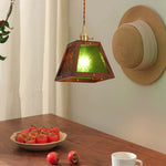 Traditional Chinese Trapezoidal Wood Floral Glass Shade 1-Light Pendant Light For Bedroom