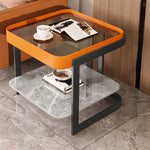 Modern Luxury Square Glass Rock Slab Iron Coffee Table 2-Tier For Living Room