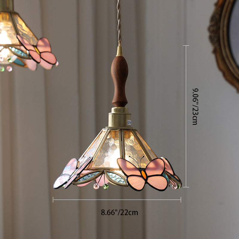 Traditional Vintage Colorful Butterfly Decorative Tapered Glass Shade Brass 1-Light Pendant Light For Bedroom