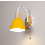 Modern Minimalist Macaron Curved Pole Round Cup Iron Wood 1-Light Wall Sconce Lamp For Bedroom